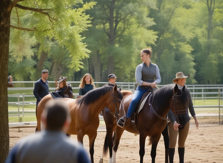 A peaceful scene with a paved path leading through a lush, green forested area. There are white fences lining a pasture where horses are grazing. Tall trees with dense foliage surround the area, creating a serene and natural environment.