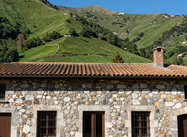 Sunlit stone facade in Spain framed by vibrant green Cantabrian hills under a clear blue sky.