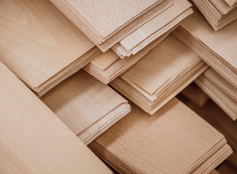 Stacks of high-quality light wood veneer sheets for carpentry and furniture manufacturing.