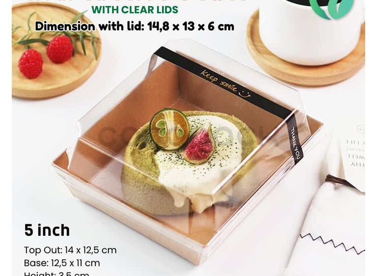 Disposable 5 inch charcuterie box with clear lid containing a gourmet dessert and fruit.
