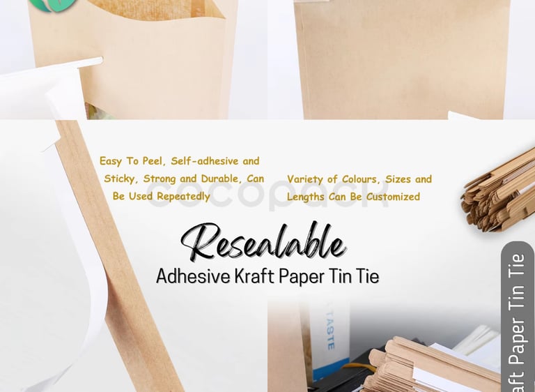 Resealable adhesive kraft paper tin tie closures for coffee bags and food packaging.