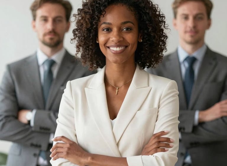 Elegant business executives smiling confidently in a modern office setting.