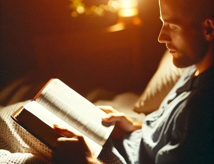 The boy attentively reads the Bible