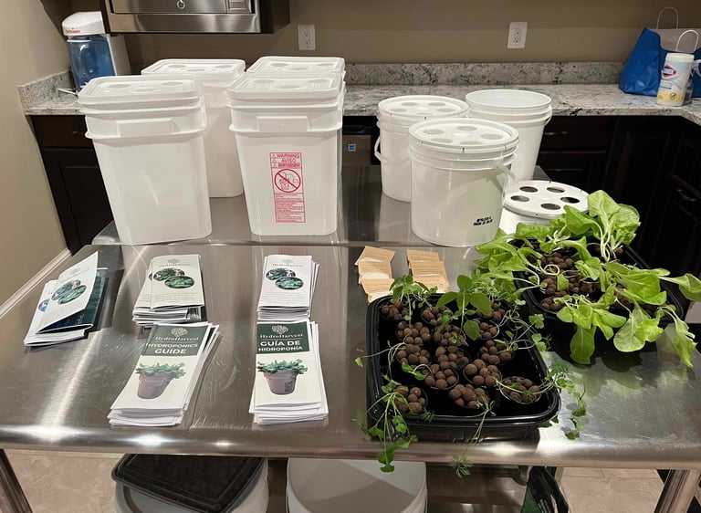 Hydroponic grow buckets, brochures, and lettuce seedlings on a table