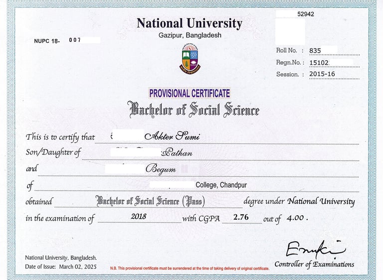 Provisional Certificate-জাতীয় বিশ্ববিদ্যালয়ের সাময়িক সনদ
