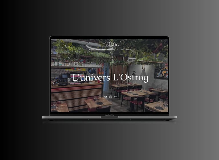 A Macbook Pro laptop displaying the L'Ostrog restaurant website design with a rustic interior view.