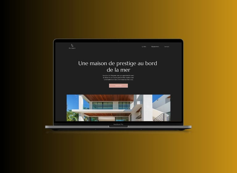 Luxury real estate website design displayed on a MacBook Pro laptop over a yellow gradient background.