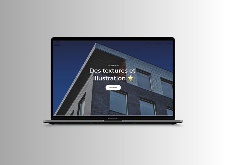 A MacBook Pro displaying a modern architecture website mockup with French text and a dark building photo.