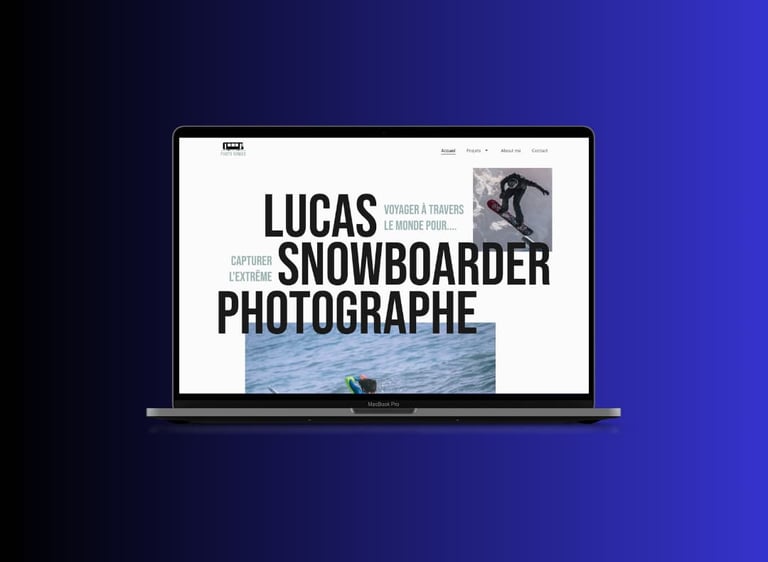 A MacBook Pro displaying a photography portfolio website for a professional snowboarder photographer.