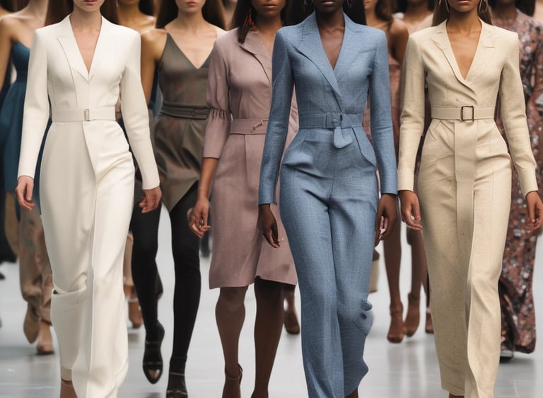 A group of young women practicing runway techniques together.