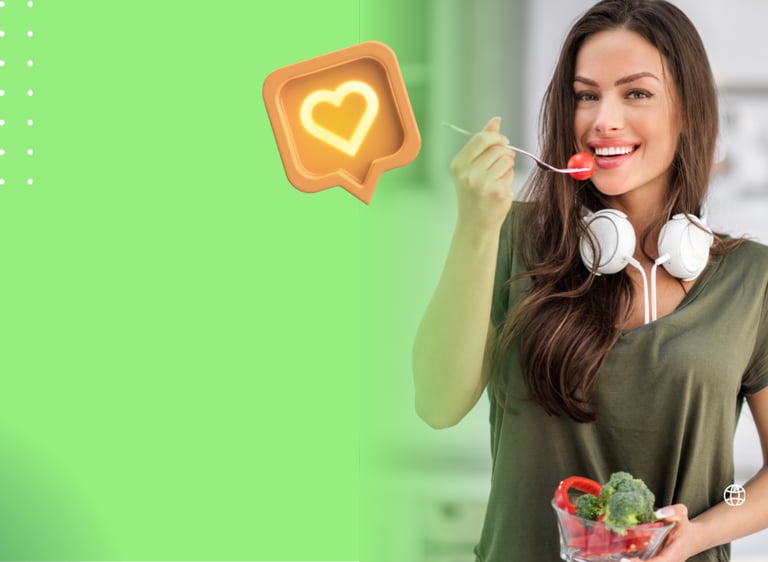 Smiling woman with headphones eating a healthy vegetable salad with social media heart icons.