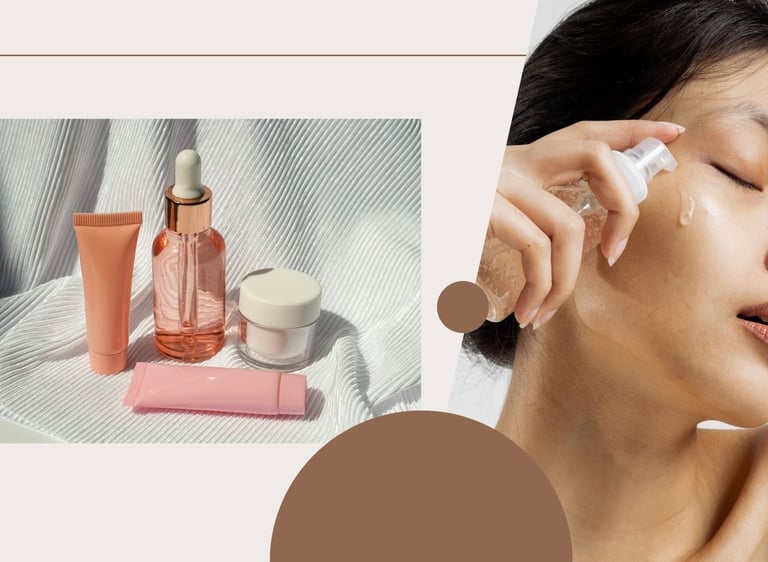 A woman applies a clear skincare serum to her face, next to an assortment of cosmetic bottles and tubes in pink and clear