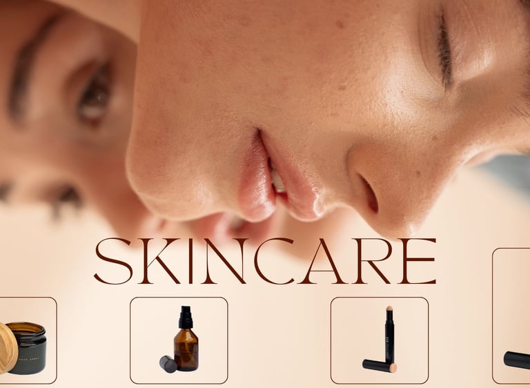 A close-up of a woman's face, showcasing flawless skin with text overlay 'SKINCARE', alongside skincare products like serums