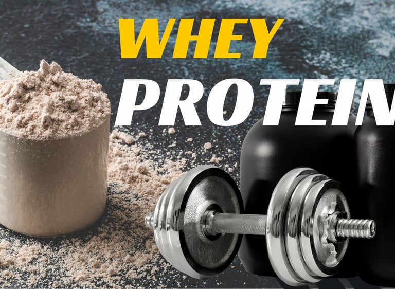 A scoop of whey protein powder next to a dumbbell and black supplement containers.