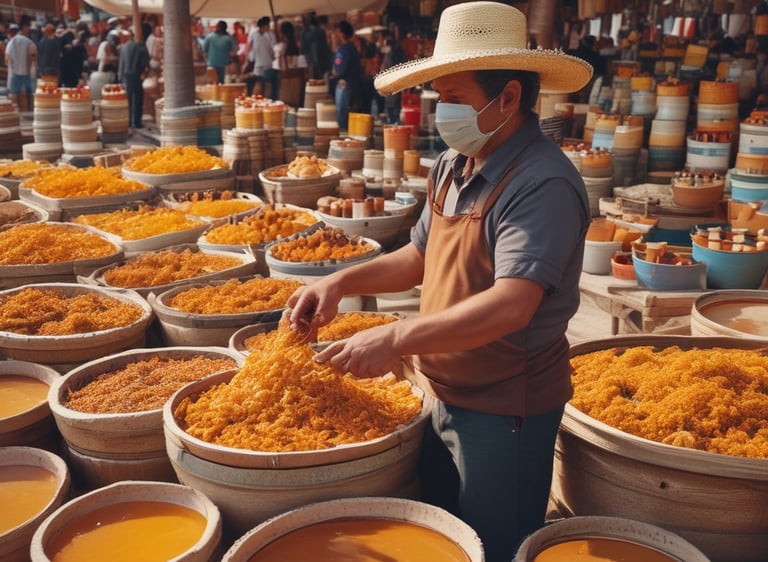 a man in a hat and a mask selling natural honey
