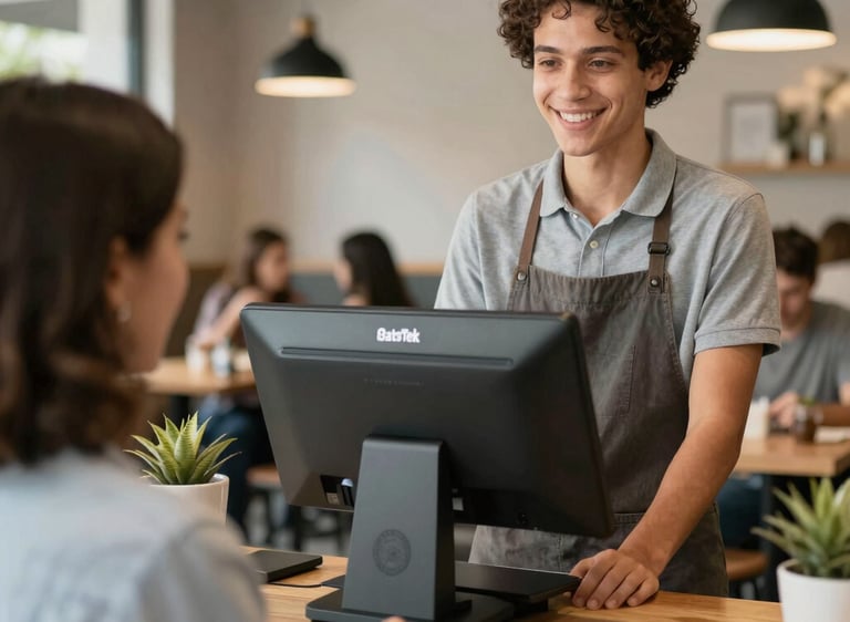 A person wearing a cap, face mask, and dark clothes interacts with a point-of-sale system at a counter. The image includes reflections, giving a sense of separation by glass. Sticky notes and written messages are visible near the screen and on the counter. The background seems to show a somewhat cluttered interior with chairs and tables.