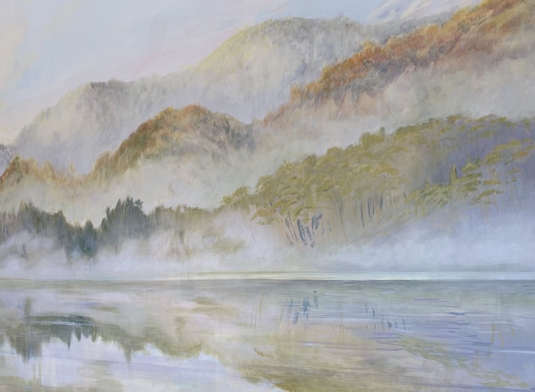 Hand-painted mural of a misty lake with trees and mountains reflected in calm water. Soft atmospheric landscape
