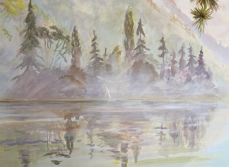 A close-up of a New Zealand-inspired mural depicting a lake with trees, waterfalls and mountains. 
