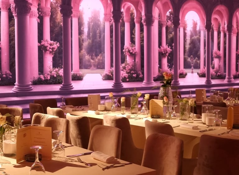 a wedding with a long table and chairs and large led screen in the back with roman arches and garden
