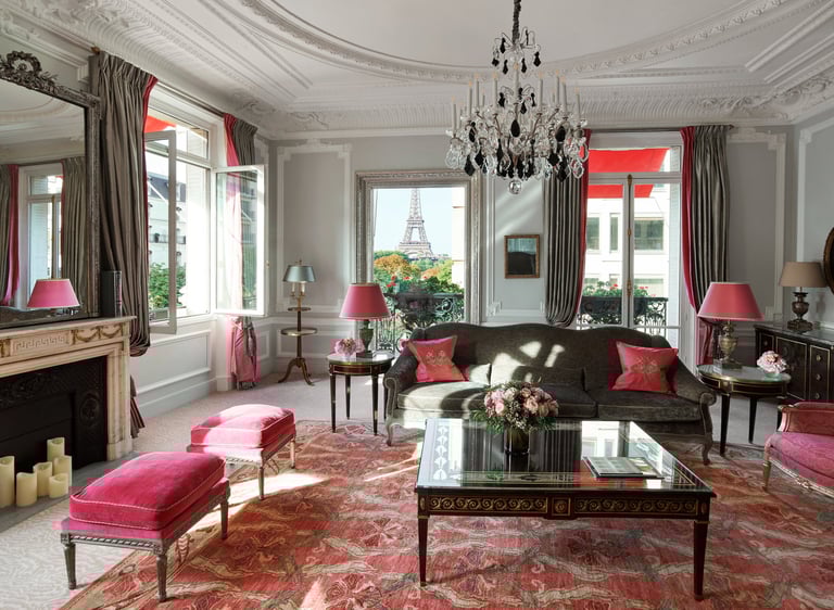Hôtel Plaza Athénée Paris suite with Eiffel Tower view.