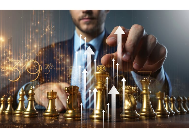 a man in a suit and tie is holding a chess piece, a picture demonstrating business strategy