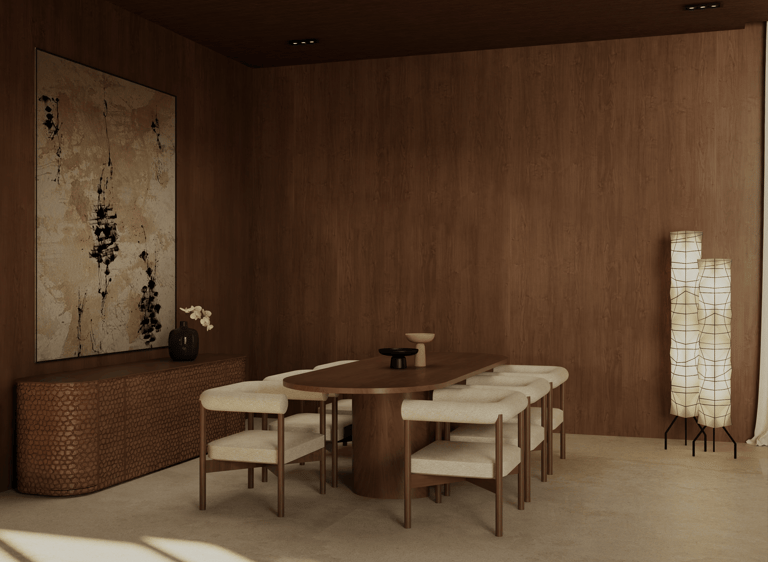 Contemporary villa dining area designed by Moori Interiors, Dubai