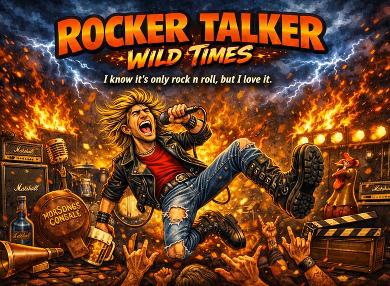 A blonde heavy metal singer performing amidst fire, lightning, and Marshall amplifiers in a Rocker Talker poster.