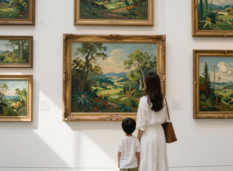 A serene gallery space bathed in soft natural light, showcasing diverse artworks from around the world on pristine white walls.