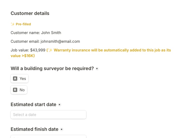 Digital building contract form showing customer details, job value, and project date selectors.