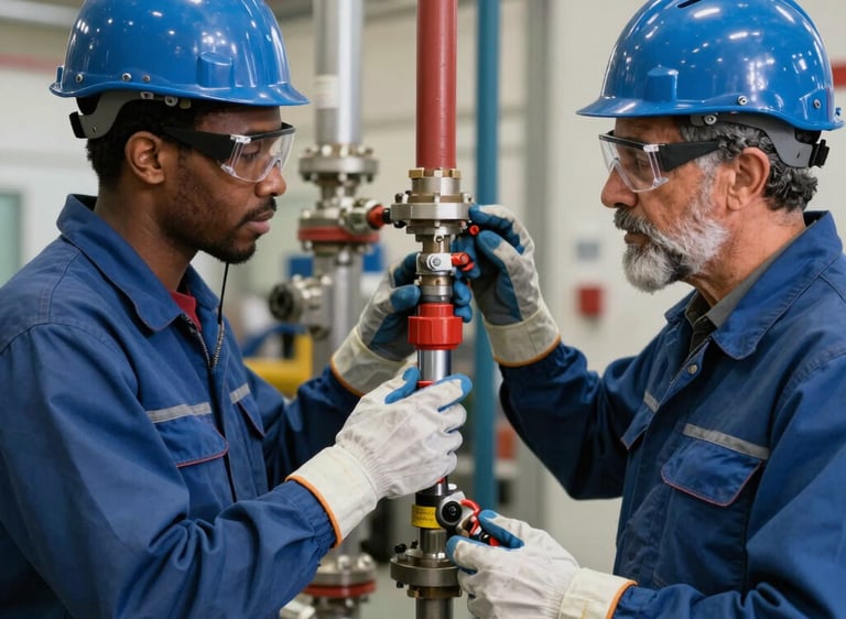 Engineer in a blue hard hat inspecting pressure gauges on red industrial piping system.