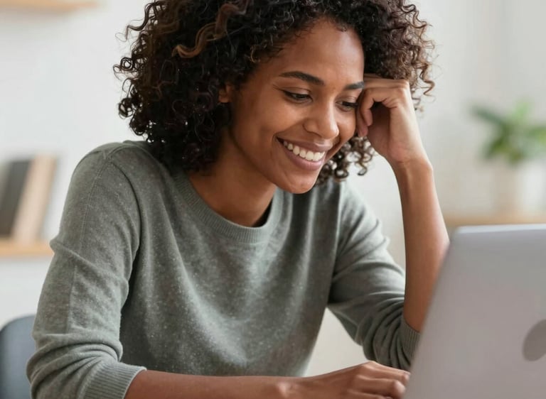 A cozy workspace with a laptop, a cup of tea, and soft orange accents reflecting calm and focus.