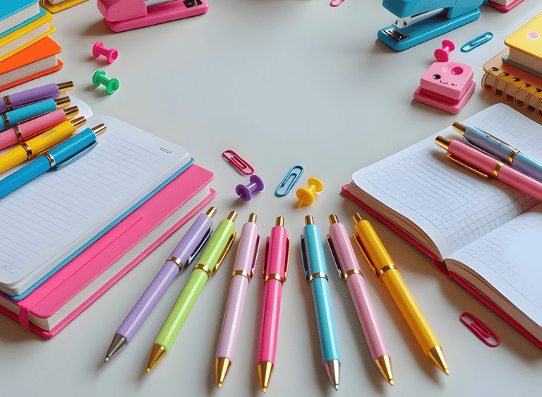 Wide-angle flat lay of colorful notebooks, staplers, and vibrant pens on a clean desk for the VYAL FINDS homepage