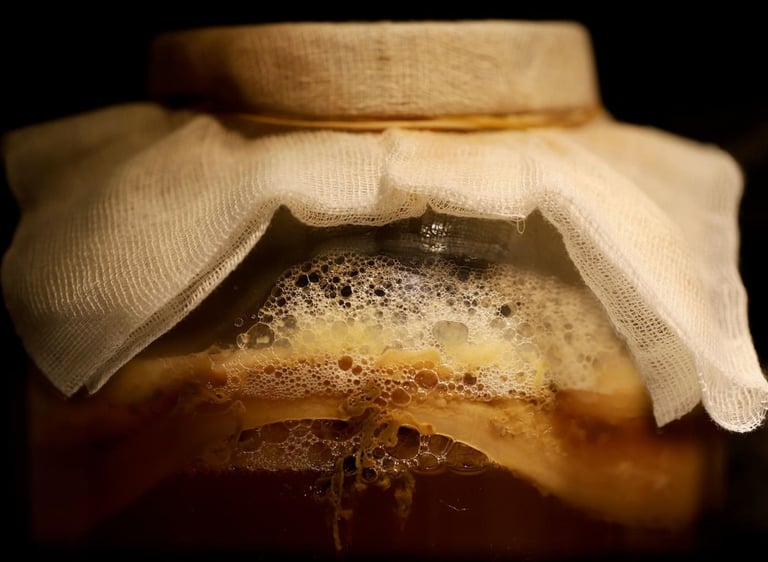 Fermentación de kombucha casera en un frasco de vidrio con SCOBY y cubierta de tela.