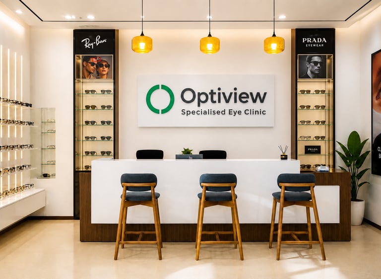Modern optical boutique interior with designer eyeglasses at Optiview Specialised Eye Clinic Dodoma