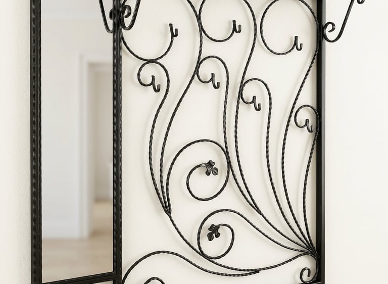 Ornate black wrought iron wall-mounted coat rack with scrollwork design and side mirror.