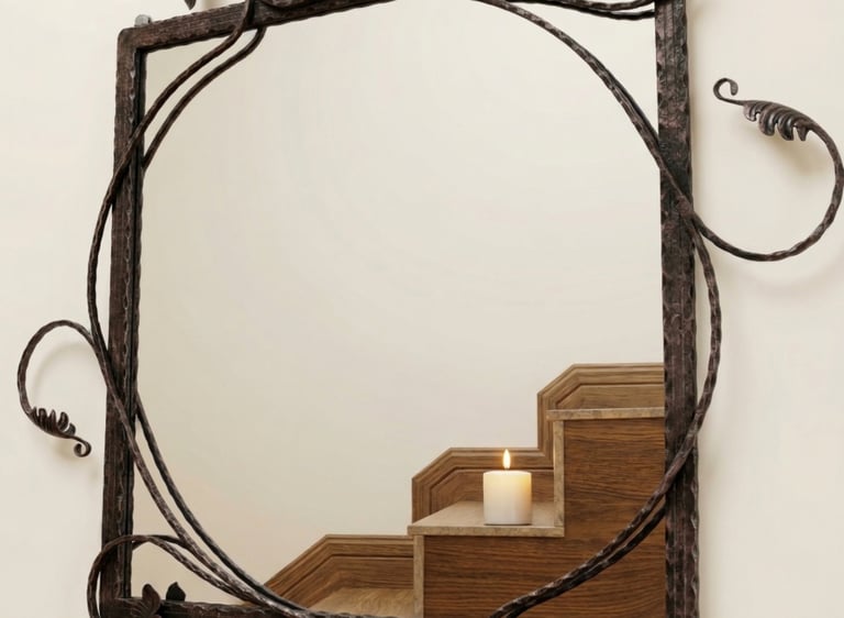 Rustic hand-forged wrought iron wall mirror with leaf scrollwork reflecting a staircase and candle.