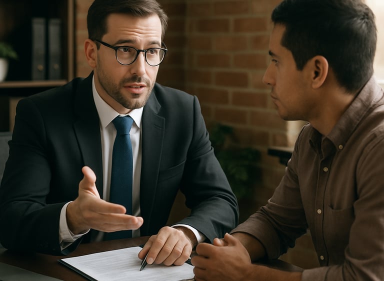 A counselor speaking warmly to a migrant client during a legal referral appointment.