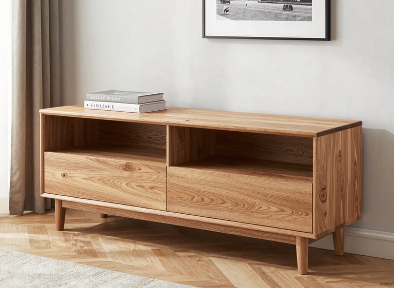 Mid-century modern light wood TV stand and media console with sliding doors and open shelving.