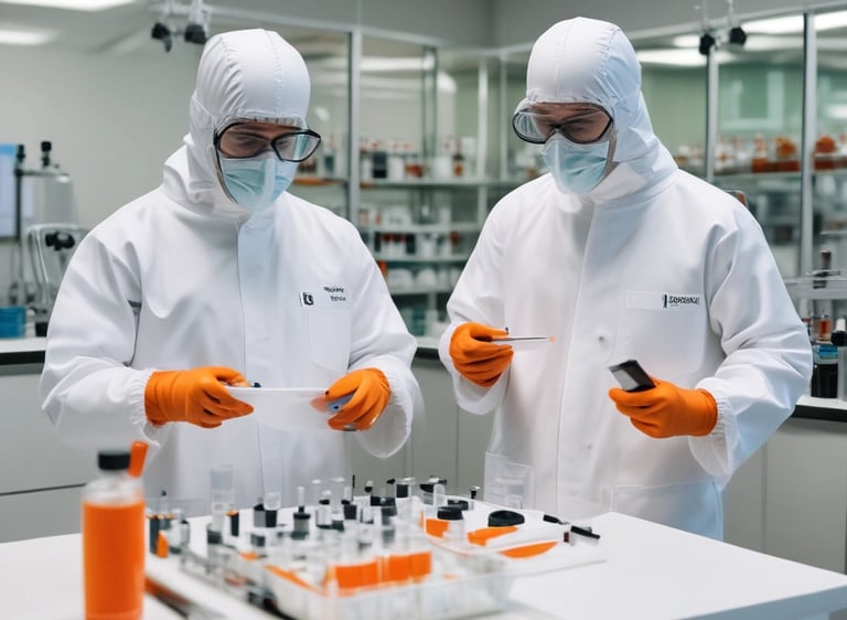 Two individuals are wearing blue protective suits, masks, and goggles in a sterile laboratory environment. One is holding a test tube with an orange cap, while the other holds a digital tablet displaying information. A tray with other test tubes is visible, indicating they are involved in some form of scientific or medical research.