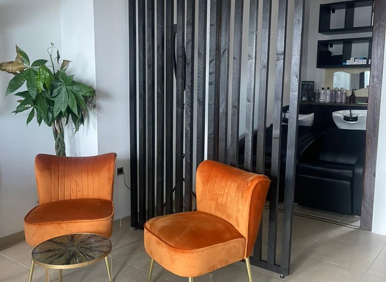: Coin détente moderne et chaleureux du salon X Tension NC, idéal pour accueillir les clientes dans 