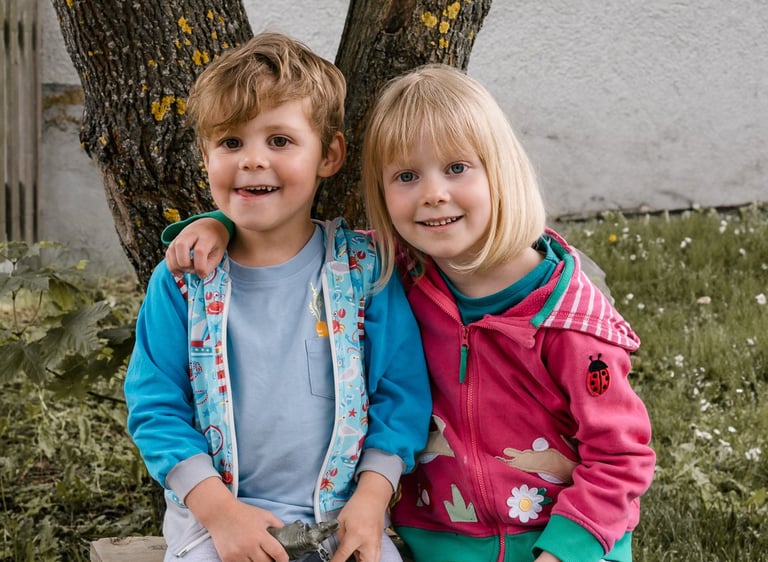 zwei Kinder die sich umarmen auf einer Bank