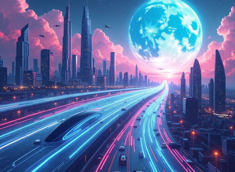 An image of a futuristic city with moon and sky background