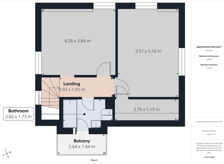 A detailed 2D real estate floor plan of the second floor showing a bathroom, balcony, and landing with room dimensions.