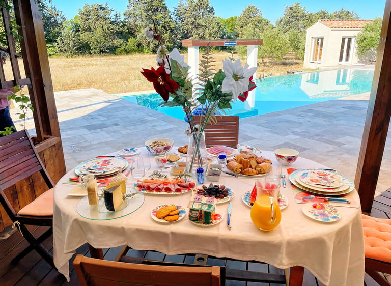 The grand, copious three-time breakfast with organic produce at Domaine Des Lucques