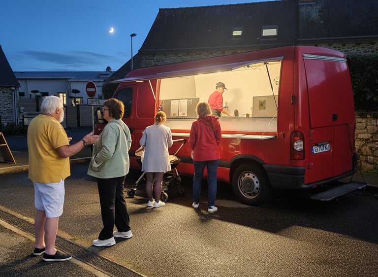 Clients dégustant des galettes et crêpes devant le Virginia Food Truck sur un marché nocturne 