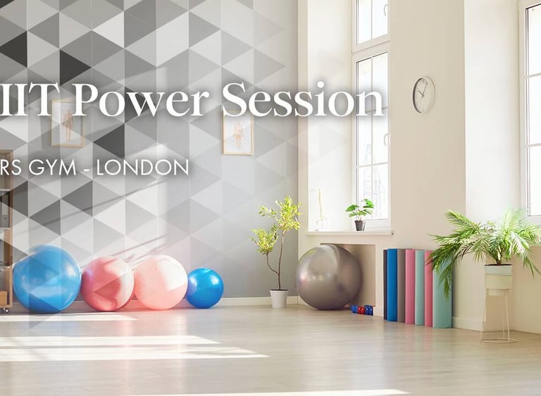 Modern HIIT power session fitness studio at Stars Gym London with yoga mats and stability balls.