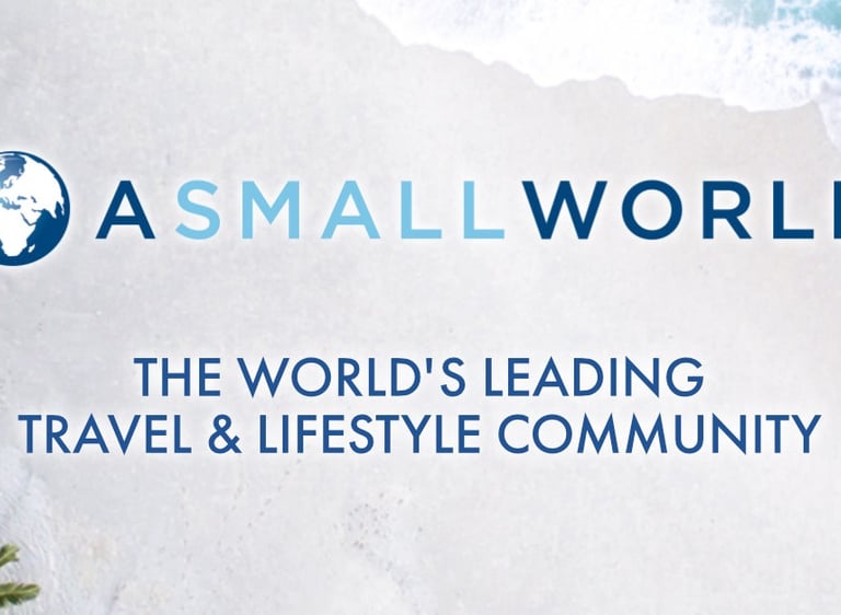 ASMALLWORLD travel and lifestyle community logo over a tropical white sand beach with palm trees.