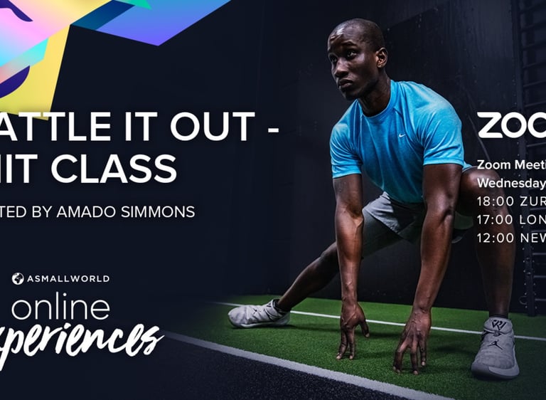 Promotional banner for an online HIIT class hosted by Amado Simmons on Zoom.