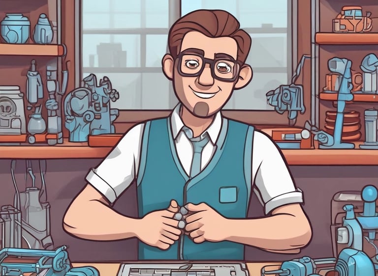 A well-organized workshop with 3D printers, tools, and a tablet. The workspace includes two 3D printers on a workbench, surrounded by tools like paintbrushes and pencils neatly arranged on a pegboard. Bright orange and black are predominant, with a laptop displaying a colorful screen in the foreground.