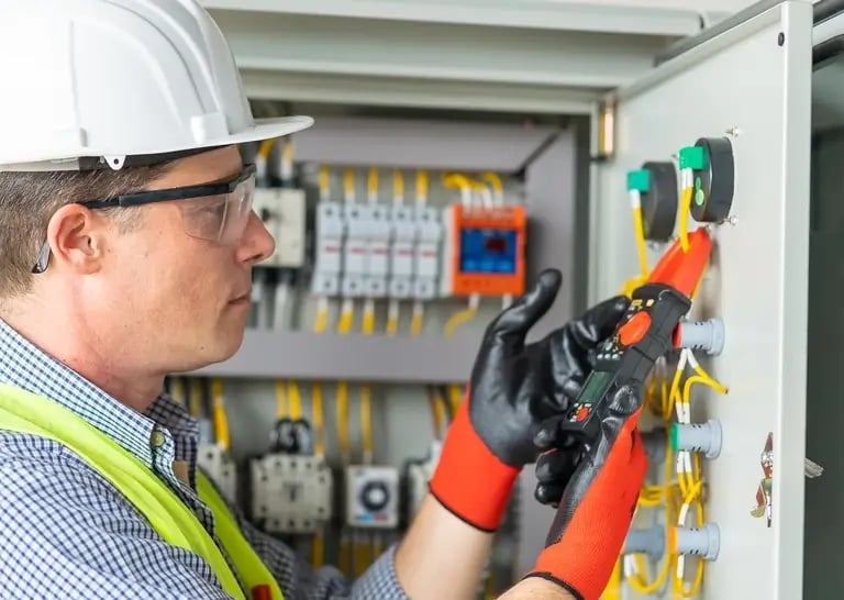 a man in a hard hat and safety glasses